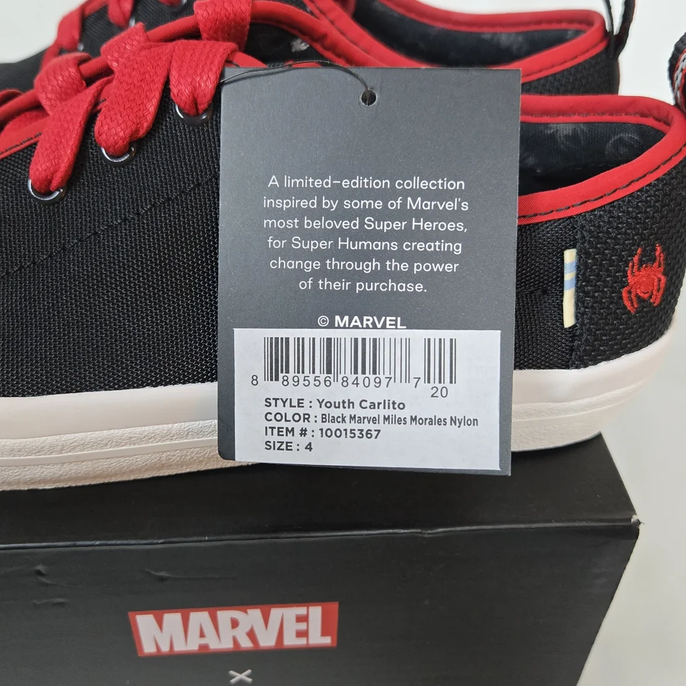 Marvel x TOMS Carlito Miles Morales Black Red Spiderman Nylon Sneakers NIB 4Y‎